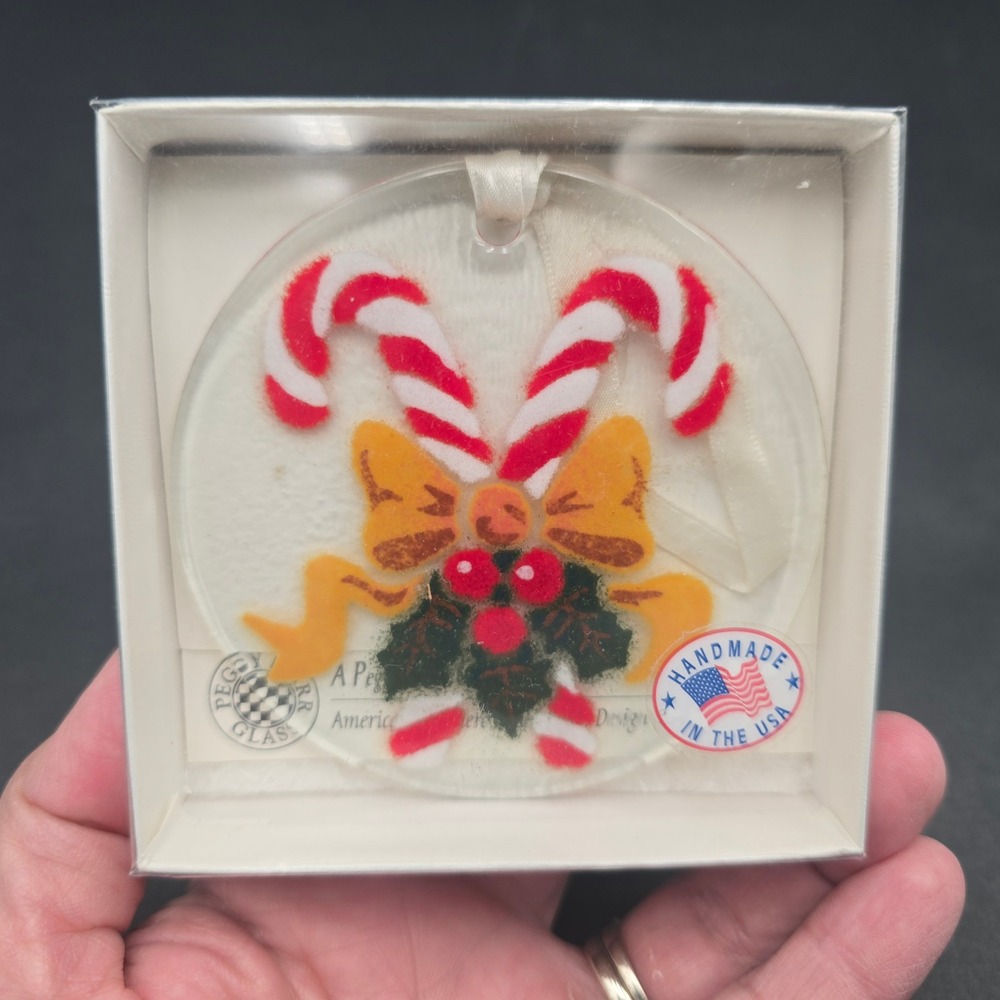 Peggy Karr Glass Candy Cane Holly Fused Glass Christmas Ornament Suncatcher USA